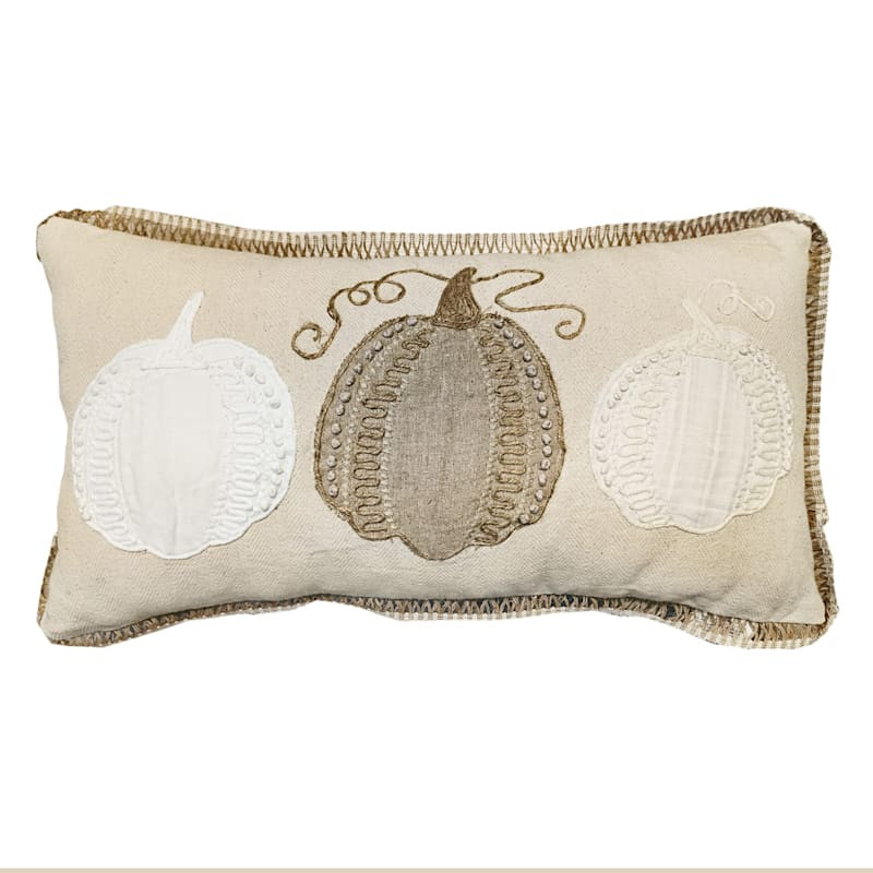 Embroidered Pumpkins Natural Throw Pillow, 12x26 | At Home