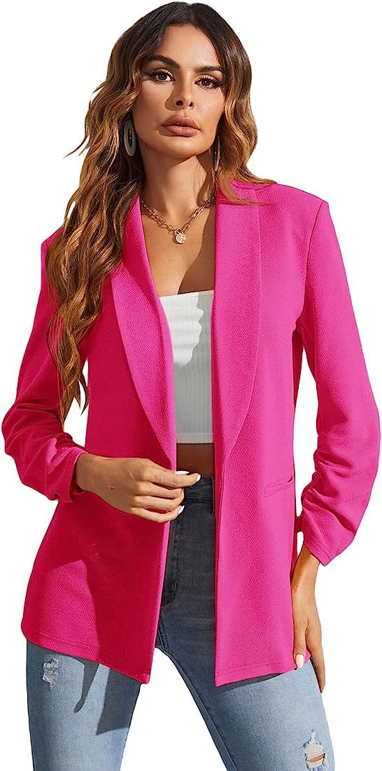 WDIRARA Women's Long Sleeve Open Front Blazer Casual Work Office Jacket | Amazon (US)