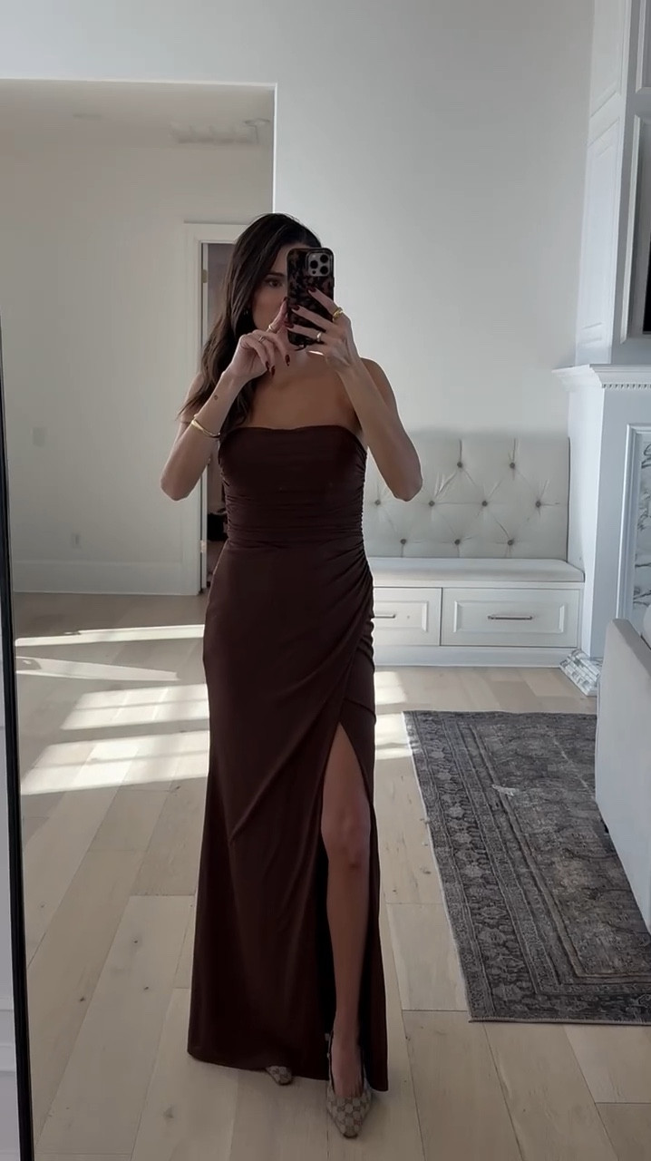 Love this brown strapless wedding guest dress! It’s under $100! 🤎 And these Gucci heels have been one of my most worn pairs of shoes. Perfect for all formal occasions or with jeans. Linked some amazing Target dupes I found too 🙌🏼

Wedding guest dress, formal dress, bridesmaid dress, maxi dress, long dress, holiday party dress, strapless dress, lulus dress, Gucci heels, gala dress, black tie event dress, Christine Andrew 

#LTKWedding #LTKVideo #LTKParties
