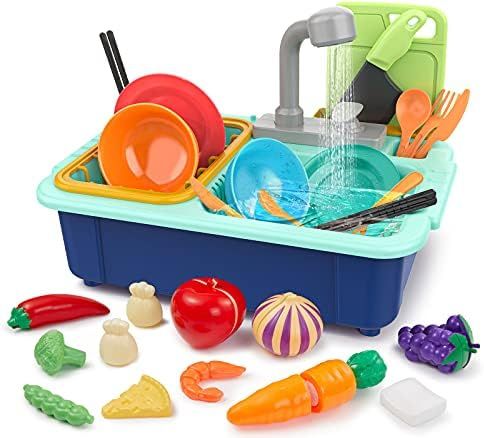 Geyiie Kitchen Sink Toys, Kids Play Sink with Running Water, Automatic Water Cycle System, Dish R... | Amazon (US)