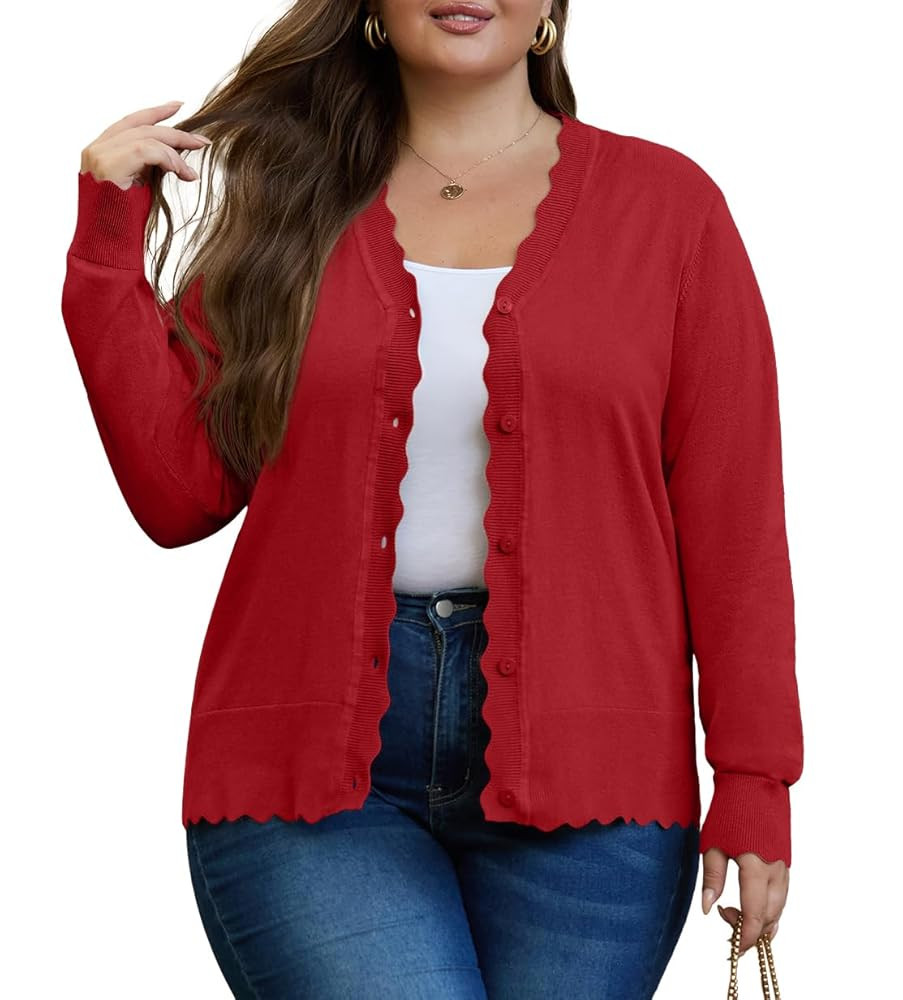 OLRIK Plus Size Cardigan for Women Cropped Long Sleeve V-Neck Buttons Down Ribbed Wave Edges Casu... | Amazon (US)