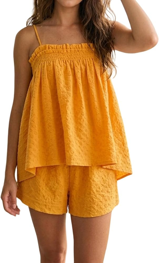 Foidiccx Womens Two Piece Outfits Set Ginham Textured Tank Top Shorts Matching Sets | Amazon (US)