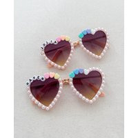 Personalized Pink Heart Sunglasses For Toddlers & Kids with Rainbow Hearts & Pearls | Etsy (US)