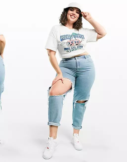 ASOS DESIGN Curve – Original – Hoch geschnittene Mom-Jeans mit Rissen in mittelblauer Waschun... | ASOS (Global)
