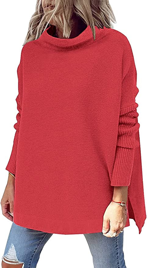 LILLUSORY Women's Mock Turtleneck Casual Oversized Sweater Long Batwing Sleeve Split Hem Ribbed K... | Amazon (US)