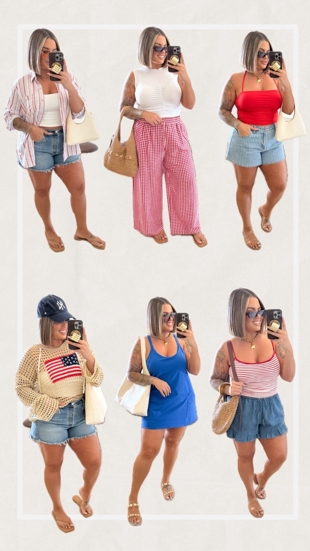 4th of July outfit ideas 
Levis shorts size up 2 sizes I’m wearing a 33 they fit so good ! 
White tank L 
Stripe button up xl 
Checkered pants xl 
Abercrombie stripe shorts 31 
Ruffle shorts L 
Bra free stripe tank L ( love these ) 
Blue dress L 
Flag top xl 
Red halter L using my cake nip covers with it. 
Studded sandals are sold out