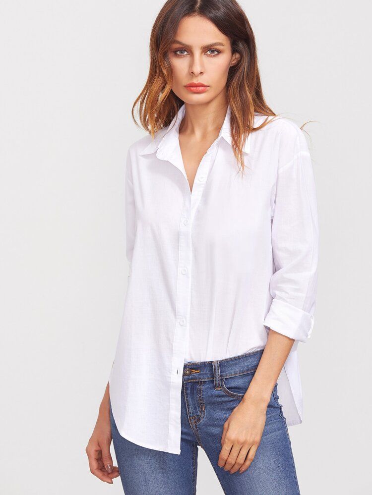 Button-Up Longline Curved Hem Shirt | SHEIN