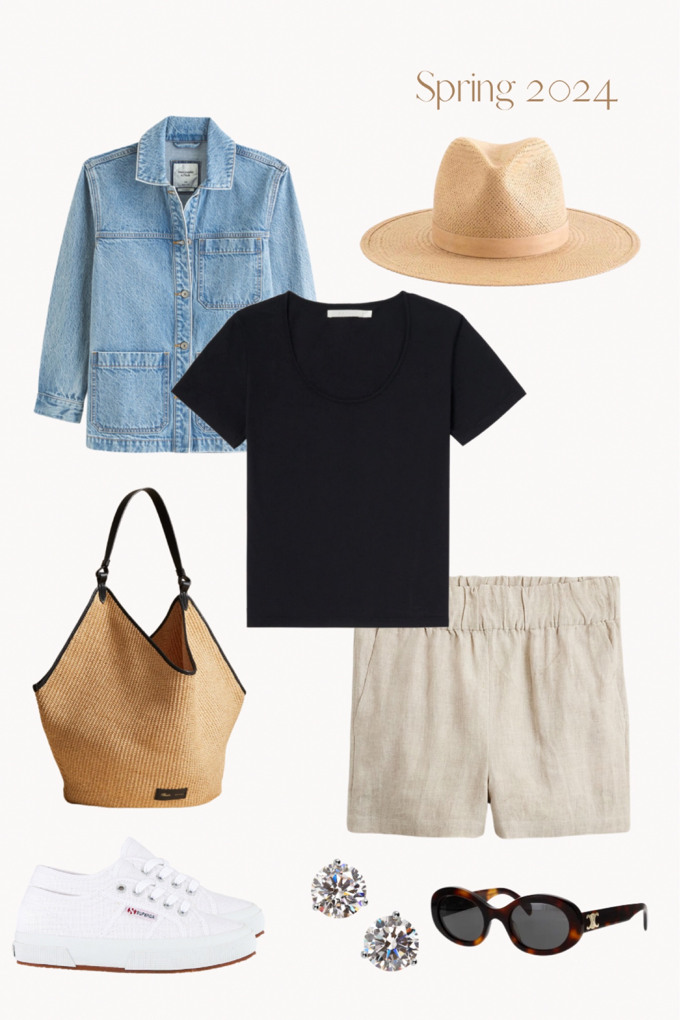 Travel outfit, spring outfit, vacation outfit, denim jacket, denim shacket, black t shirt, linen shorts, fedora, white sneakers, white shoes, raffia tote, Khaite, j crew, Abercrombie#LTKshoecrush #LTKitbag

#LTKSeasonal