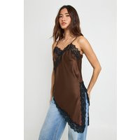 boohoo Women's Satin Lace Contrast Longline Cami Top in Chocolate | Size: 4 | Denim/Satin | boohoo (US & Canada)