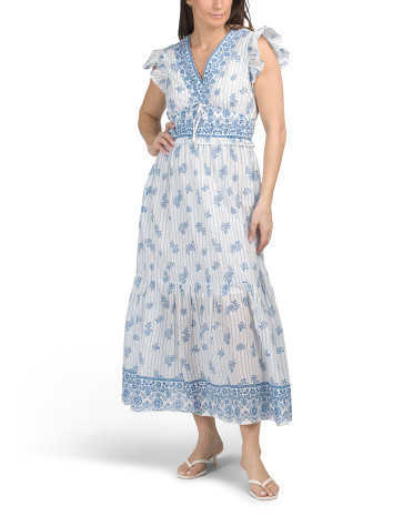 Flutter Sleeve Striped Floral Block Print Maxi Dress for Women | Cotton | Marshalls