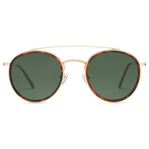 SOJOS Retro Vintage Round Polarized Sunglasses for Women Men Small Double Bridge Circle Sunnies SJ1104, Brown Tortoise/Green | Amazon (US)