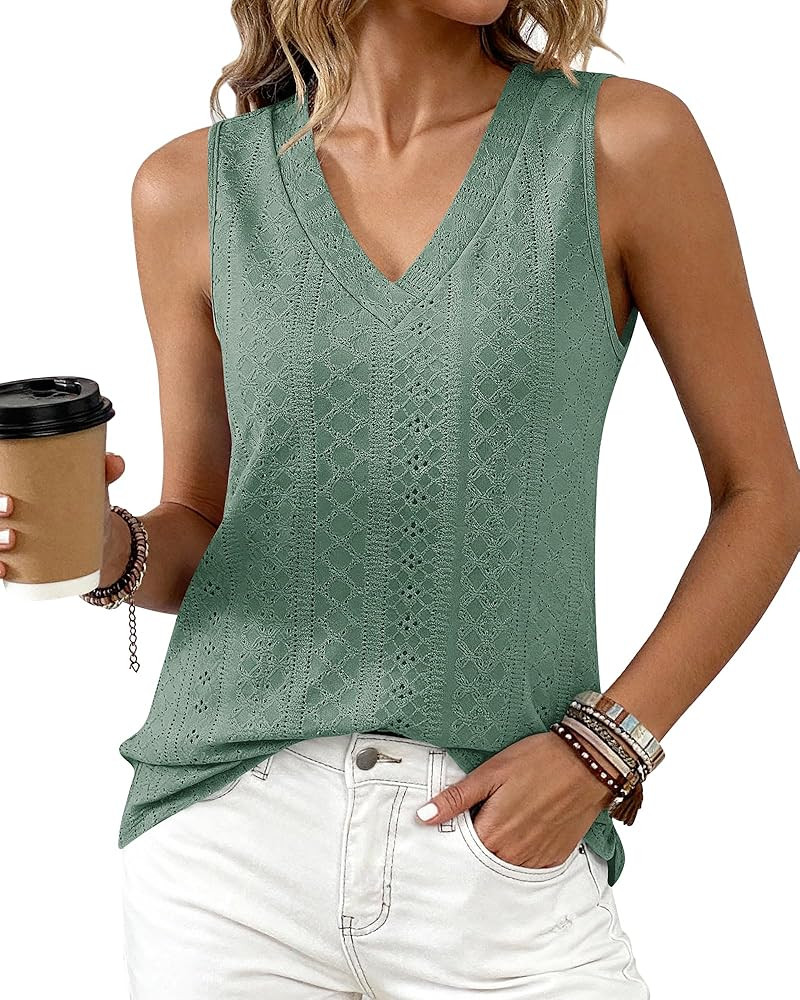 BTFBM Womens Tank Tops 2026 Summer Eyelet Crossed V Neck Sleeveless Casual Loose Fit Basic Spring... | Amazon (US)