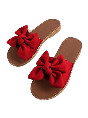 Verdusa Women's Open Toe Flat Sandals Bow Knot Slides Leather Summer Slippers Red 7.5 | Amazon (US)