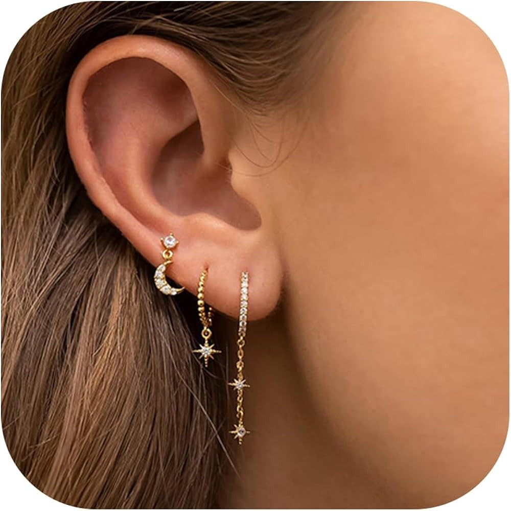 3Pairs 14K Gold Stud Hoop Earrings Set for Women Butterfly Moon Star Flower Evil Eye CZ Dainty Hu... | Amazon (US)