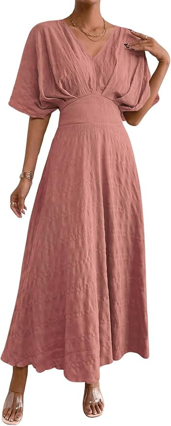 Floerns Women's V Neck Half Sleeve Ruched Cocktail Evening A Line Long Dress | Amazon (US)