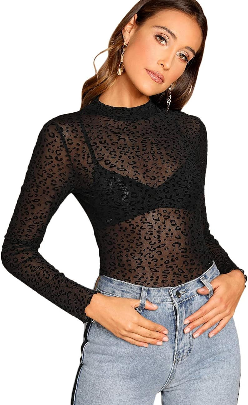 Floerns Women's Star Mesh See Through Mock Neck Long Sleeve Tops Tee T-Shirt | Amazon (US)