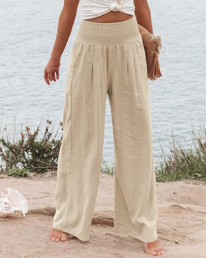 RAMOUG Women's Linen Pocketed Smocked High Waist Wide Leg Pajama Lounge Palazzo Pants | Amazon (US)