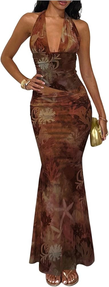 Verdusa Women's 2 Piece Matching Sets Summer Set Floral Backless Asymmetrical Halter Top with Max... | Amazon (US)