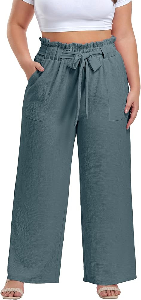 OLRIK Women's Plus Size Pants Adjustable High Waist Wide Leg Palazzo Casual Trousers with Pockets... | Amazon (US)