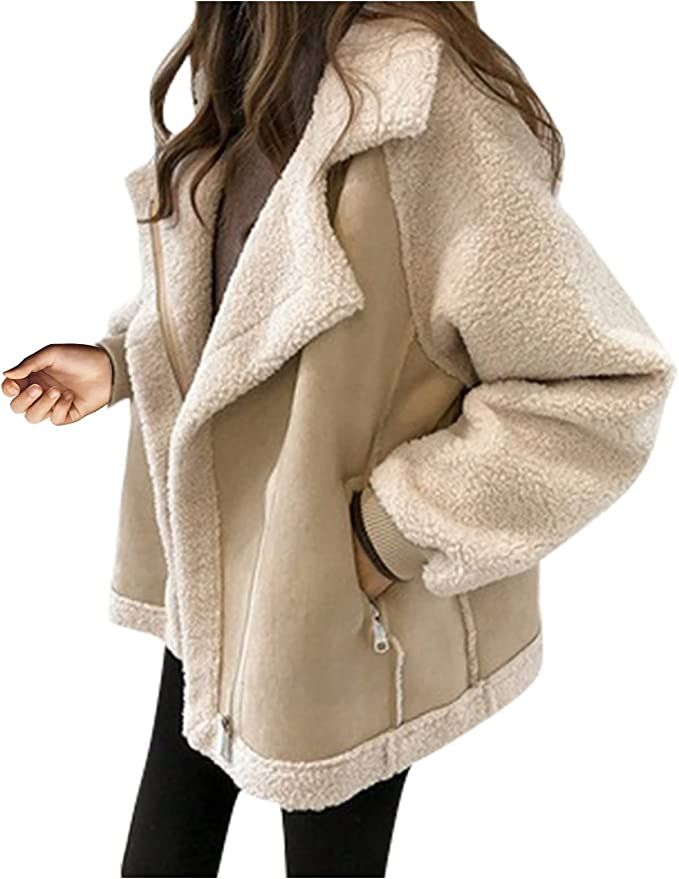 Women's Jackets Fall Casual Comfortable Short Lambswool Biker Jacket Fur & Faux Jackets Coats | Amazon (US)