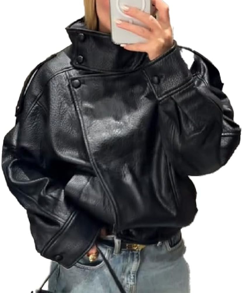 THLAI Faux Leather Jacket for Women Stand Collar & Long Sleeve Fall Outerwear Casual Streetwear | Amazon (US)