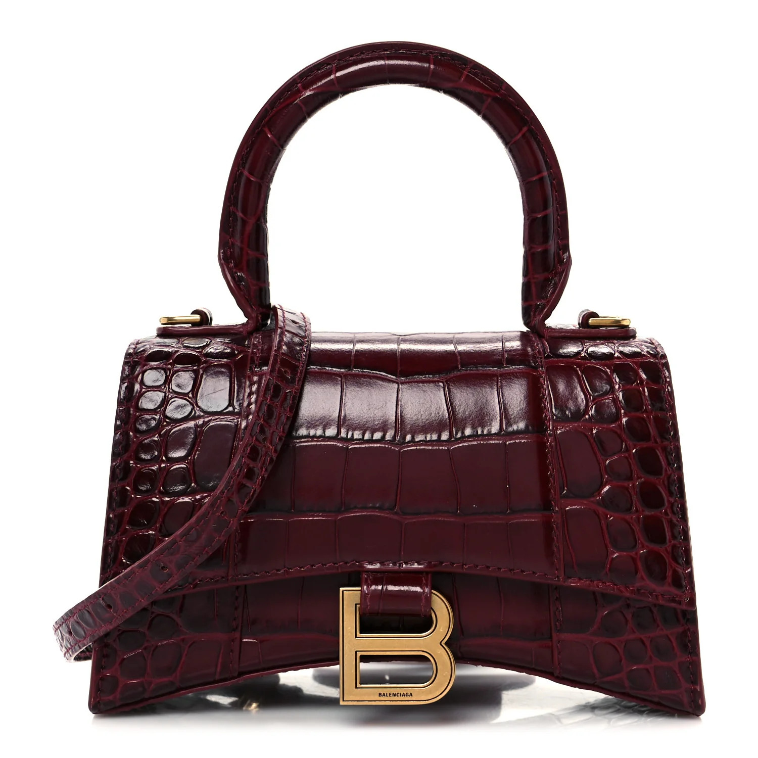 Shiny Calfskin Crocodile Embossed Hourglass Top Handle Bag XS Dark Red | FASHIONPHILE (US)