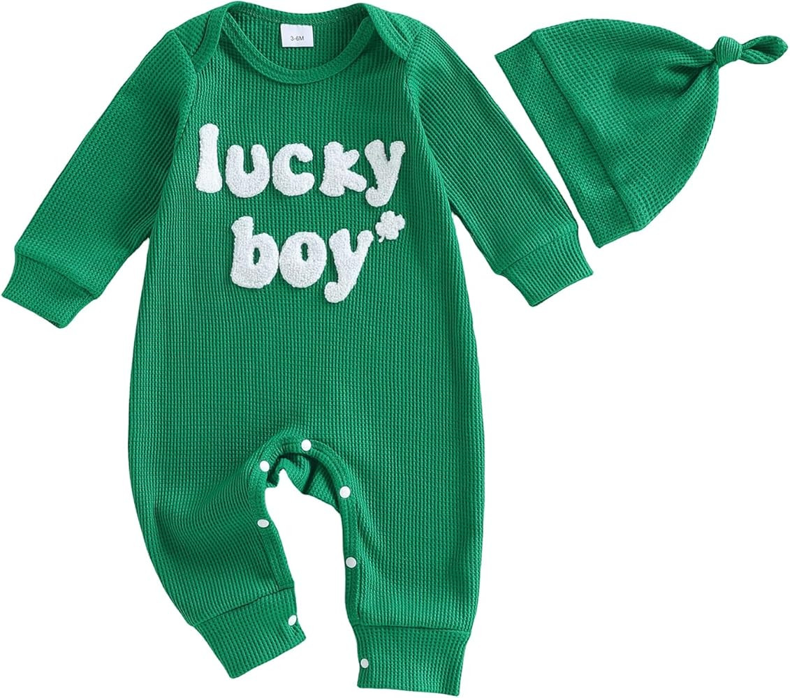 Newborn Infant Baby Boy St Patricks Day Outfit Lucky Boy Embroidery Waffle Knit Long Sleeve Rompe... | Amazon (US)
