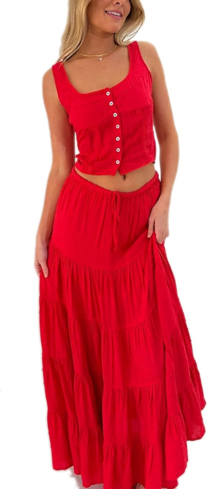 Women 2 Piece Skirt Set Summer Outfits Puff Sleeve Tie-up Front Crop Top+Long Maxi Skirt Cottage ... | Amazon (US)