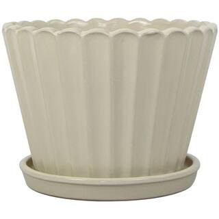 Medium Cream Ceramic Round Planter with Fluted Scallop Design and Attached Saucer (14 in. L x 14 in. W x 11 in. H) | The Home Depot