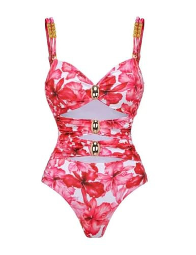 FLAXMAKER Cutout Flower Print One Piece Swimsuit and Skirt Set (US, Alpha, Small, Regular, Regular, Only Swimsuit) | Amazon (US)