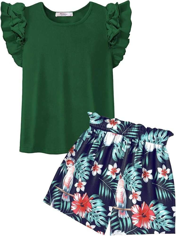 Arshiner Girls 2 Piece Outfits Summer Clothes Ruffle Short Sleeve Shirts Top and High Waist Paper... | Amazon (US)