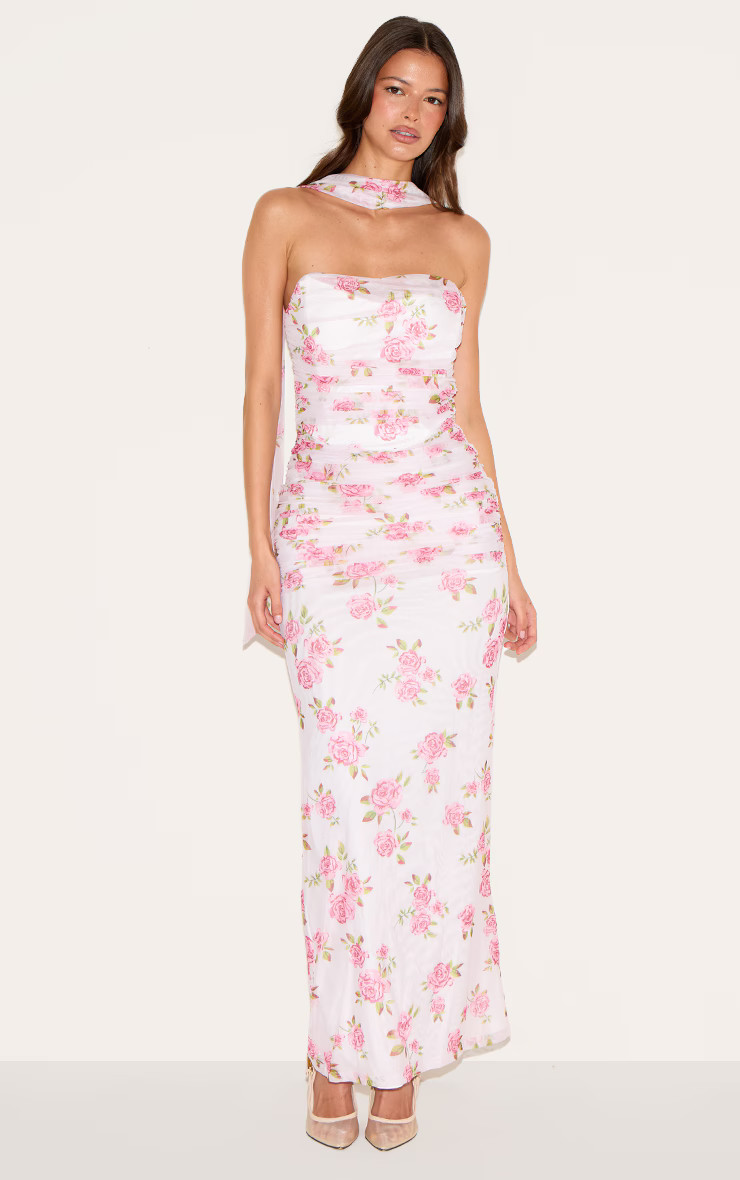 Pink Floral Scarf Detail Ruched Maxi Dress | Dresses | PrettyLittleThing US