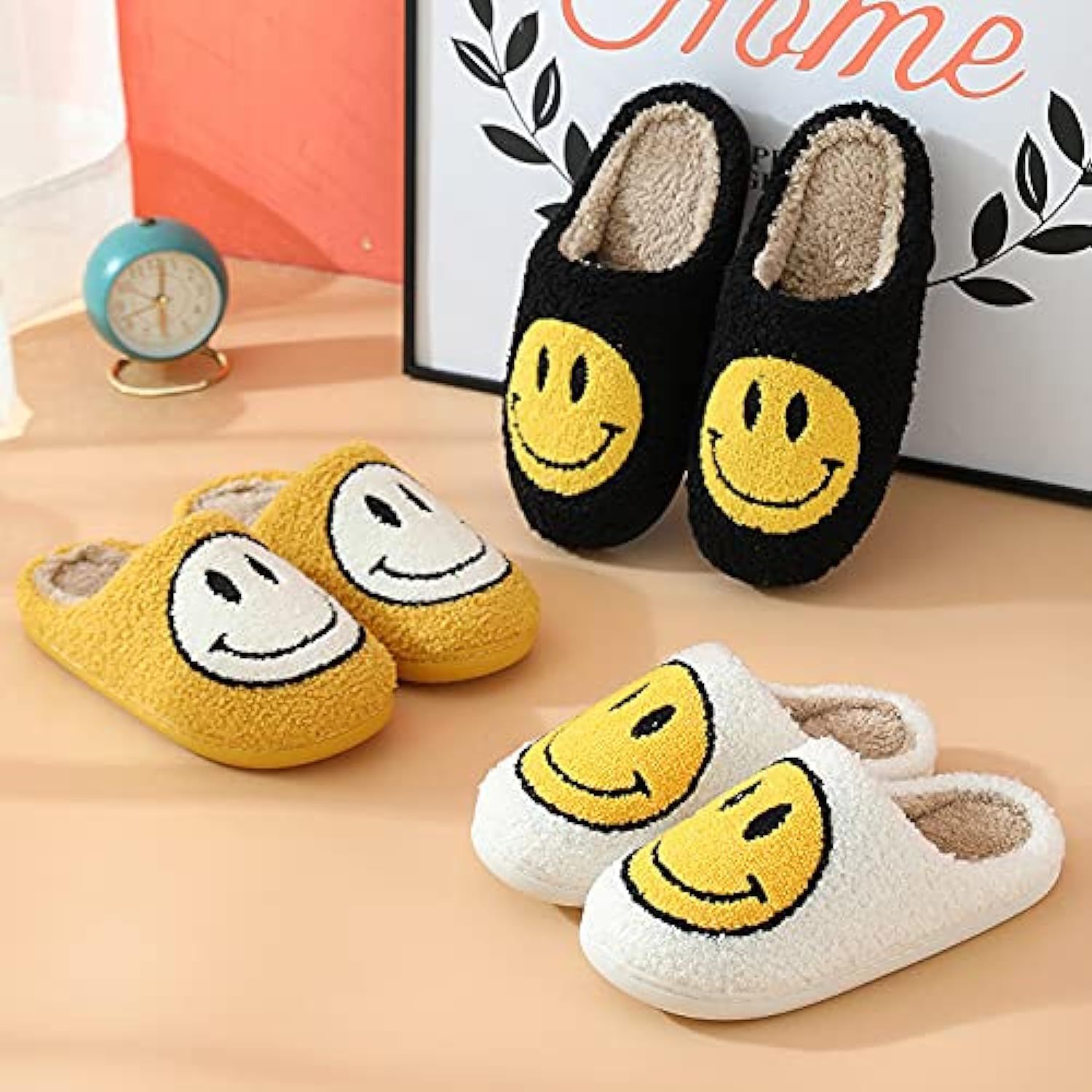 Men Women Retro round smiley face fashion soft plush comfy warm slip-on slippers | Amazon (US)