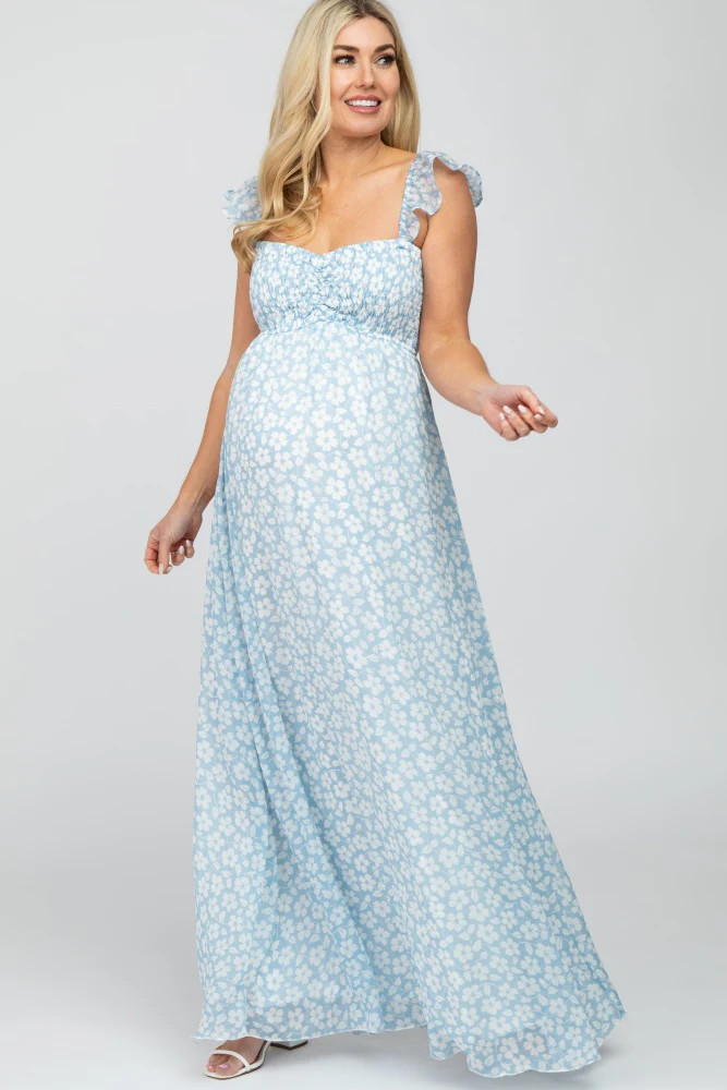 Light Blue Floral Chiffon Sweetheart Neck Off Shoulder Maternity Maxi Dress | PinkBlush Maternity