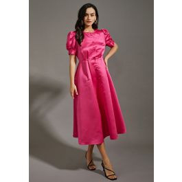 Glossy Satin Button Down Midi Dress in Hot Pink | Chicwish