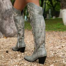 Fashion Square Toe Chunky Heel Riding Boots, Western Embroidered Retro Over The Knee Cowgirl Boots | SHEIN