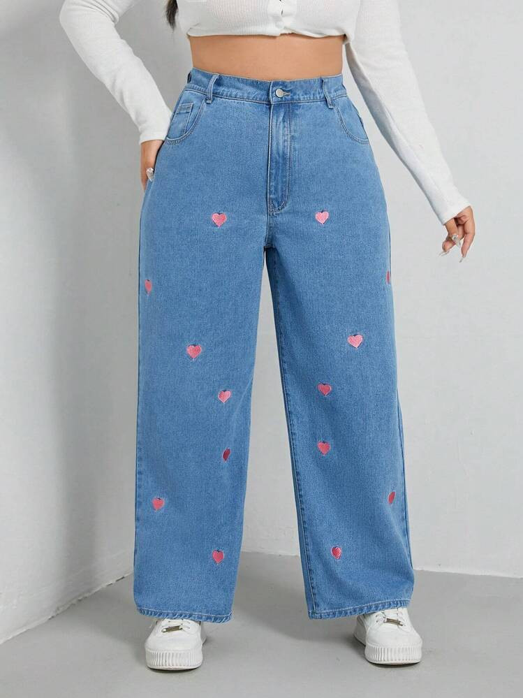 SHEIN EZwear Plus Heart Embroidery Wide Leg Jeans Wide Jeanswide Leg Jeans Girlswide Leg Jeans Womanwide Leg Denim Pants/Valentine's Day | SHEIN