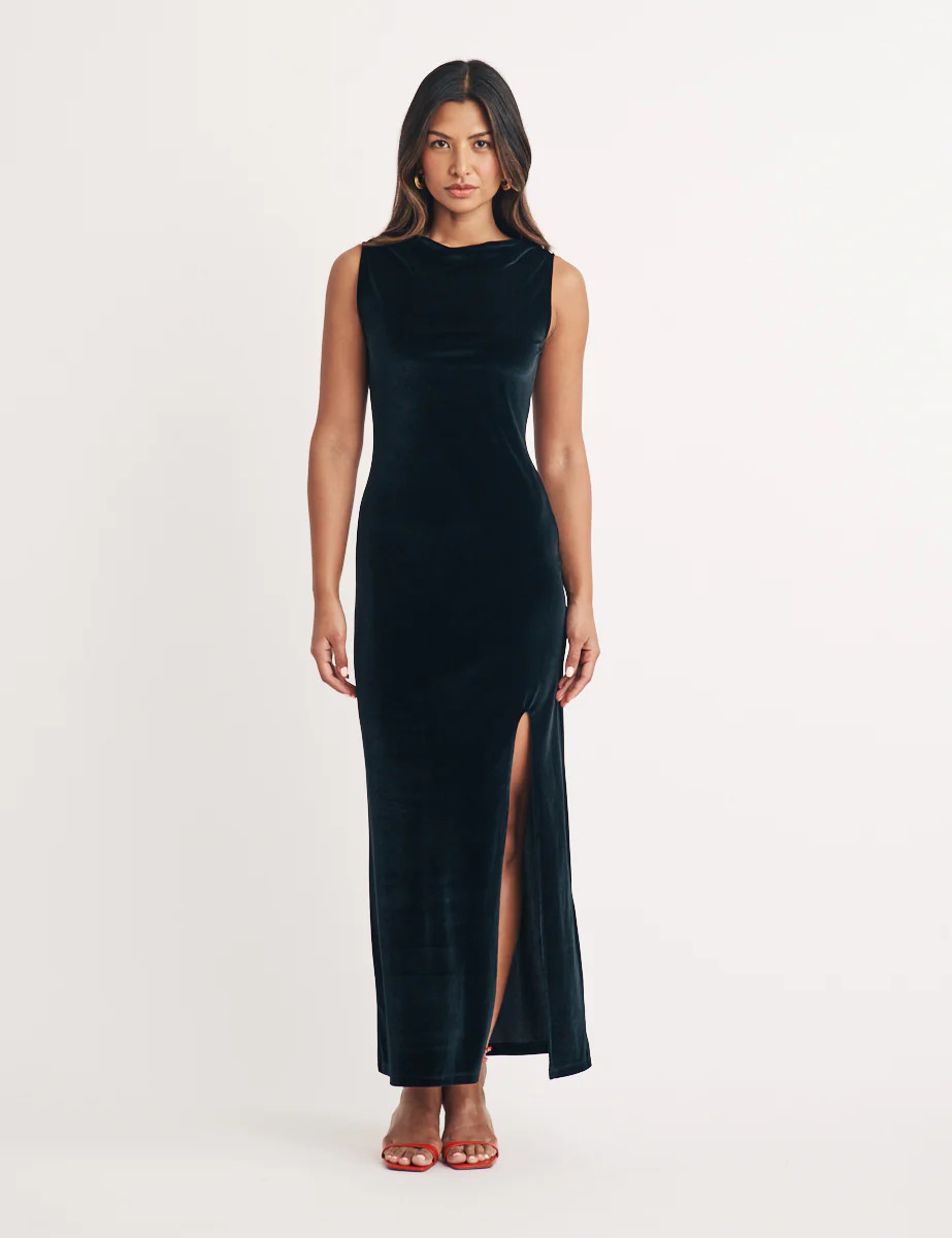 Black Velvet Jersey Camille Midi Dress | Nobody's Child