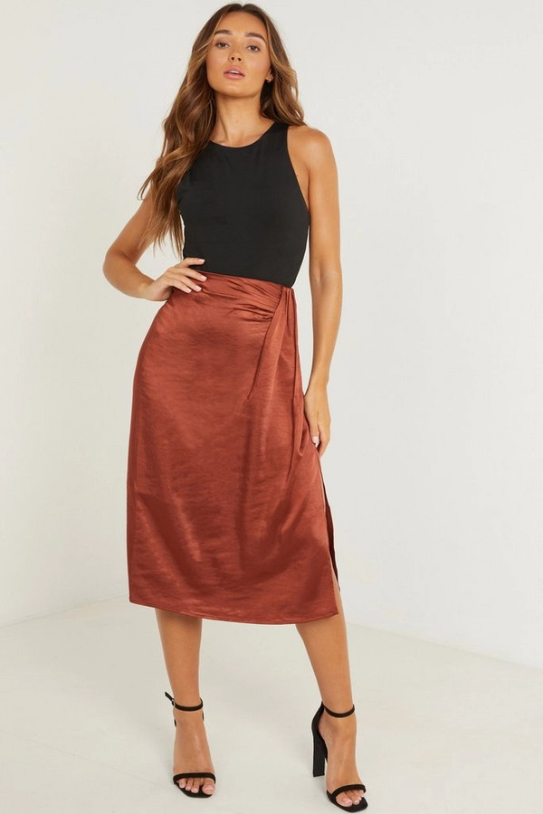 Rust Satin Split Midi Skirt | Quiz Clothing (UK)