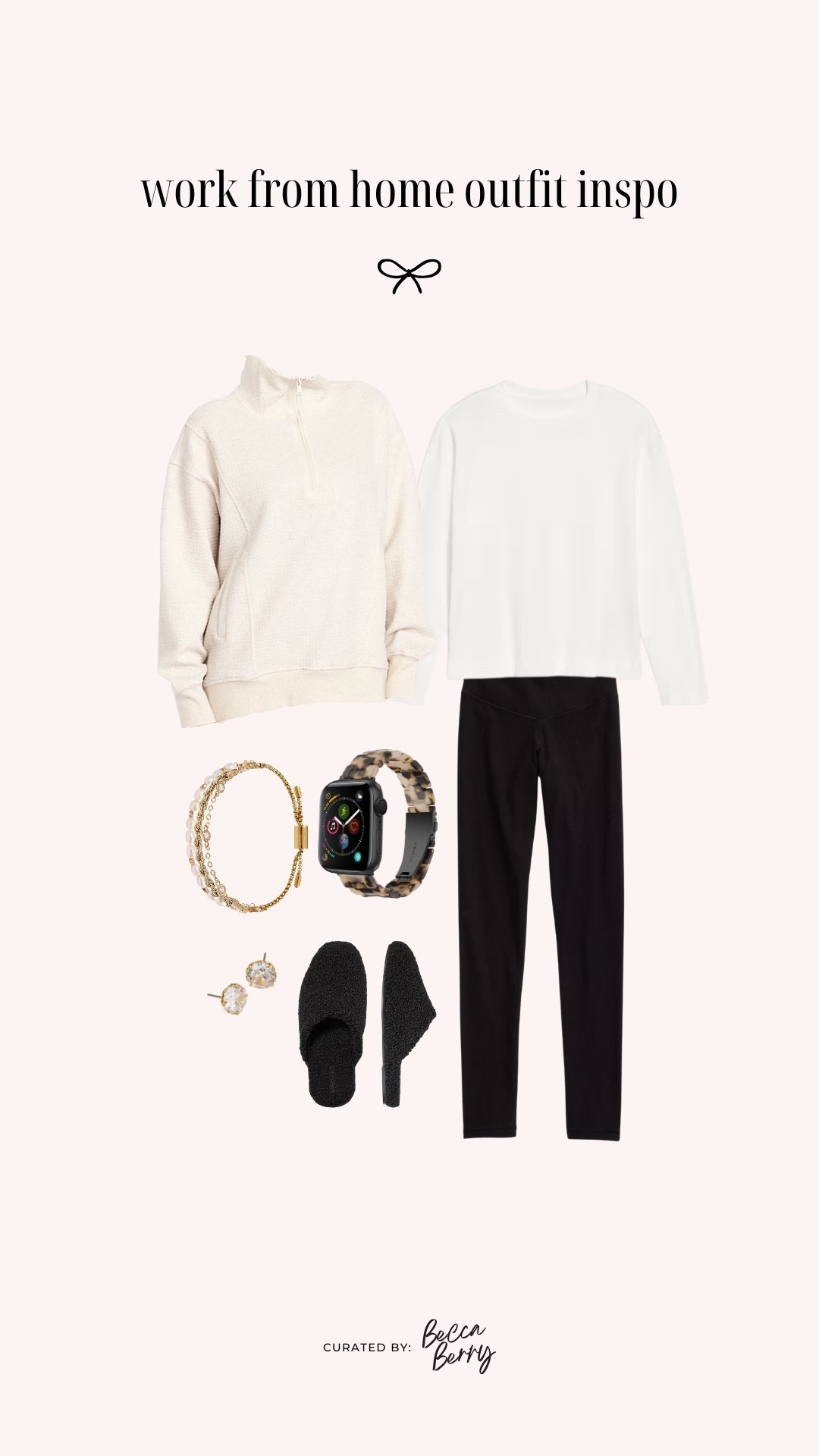 My go-to WFH uniform for easy mornings: tunic half-zip, ribbed leggings, and crew socks. The proportions always work — oversized on top, fitted on the bottom. Add simple accessories like pearl stud earrings and a gold + pearl bracelet for camera-ready polish.

If you’re stepping out during the day, swap the slippers for Adidas crew socks + sneakers and you’re instantly pulled together for errands or a coffee break.