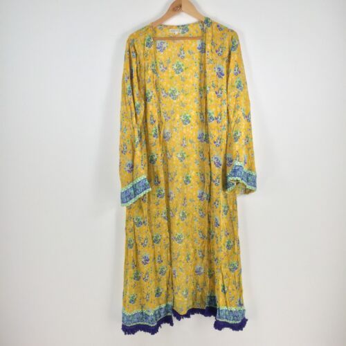 Naudic womens kimono maxi duster robe size L yellow floral boho viscose 041247 | eBay AU