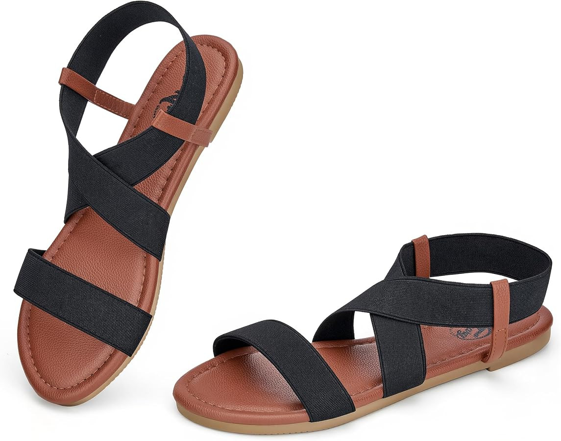 Trary Women's Flat Sandals, Comfortable Elastic Strappy Sandals, Round Toe Summer Slides for Walk... | Amazon (US)