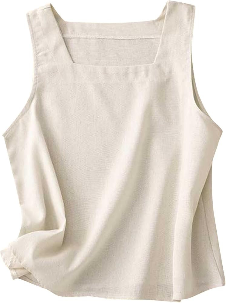 Summer Cotton Linen Tank Tops Women Sleeveless Square Neck Tees Shirts Elegant Solid Color Lightw... | Amazon (US)