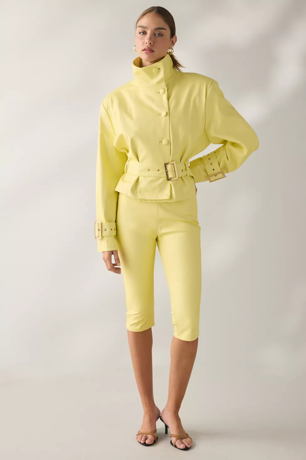 AFRM Scarlette Lemon Meringue Faux Leather Funnel Neck Jacket | Urban Outfitters (US and RoW)