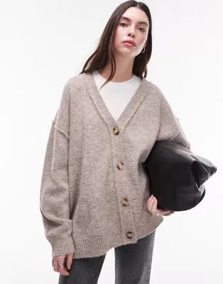 Topshop knitted fluffy long line cardi in oat | ASOS (Global)