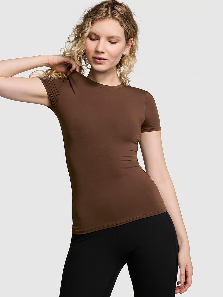Buy Base Stretch Short-Sleeve Tee, Ganache - Order Tops online - PINK US | Victoria's Secret (US / CA )