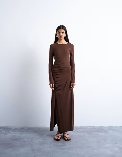 Topshop long sleeve ruched maxi dress in chocolate brown | ASOS | ASOS (Global)