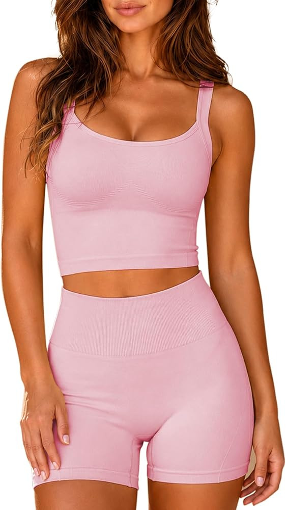 Womens Two Piece Workout Sets Longline Tank Top with Built in Bra High Waisted Shorts Gym Set Pil... | Amazon (US)