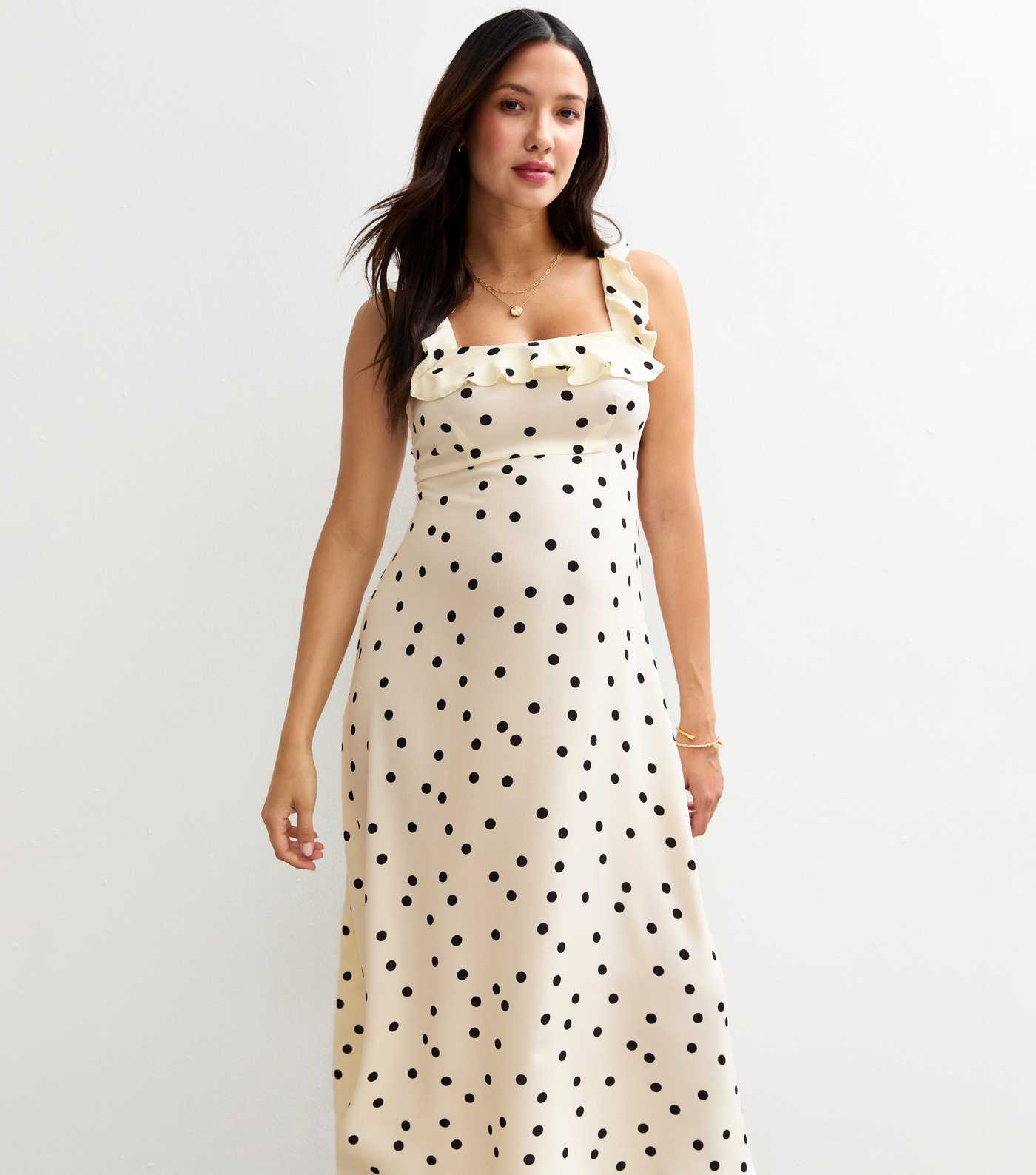 Maternity White Polka Dot Ruffle Trim Midi Dress | New Look | New Look (UK)