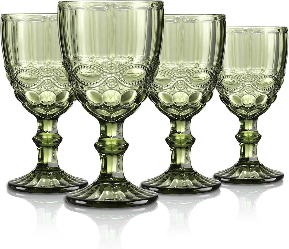 Joeyan Green Vintage Wine Glasses,Clear Water Goblet Glasses with Embossed Serpentine Pattern,Ste... | Amazon (US)